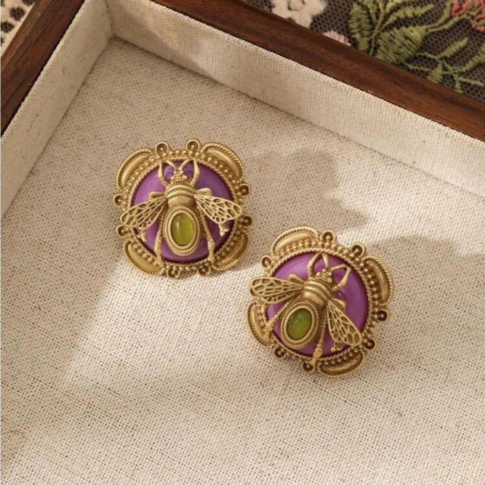 Gold and Purple Bee  Earrings Q389